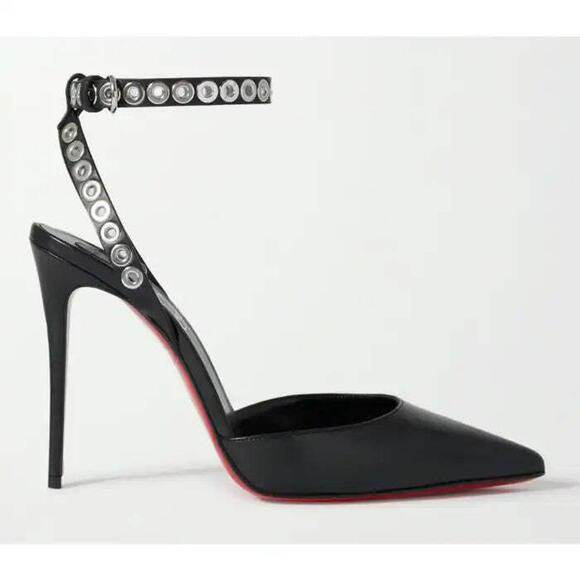 Christian Louboutin Pumpaclou 100 Black Leather Ankle Strap Stud Heel Pump 38.5